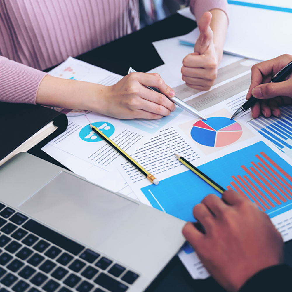 Two financial advisors reviewing pie chart on desk