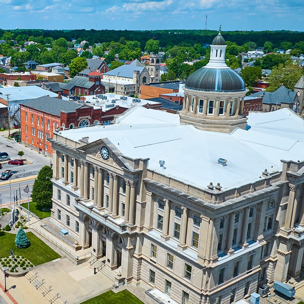 Ariel image of local government building in a small town