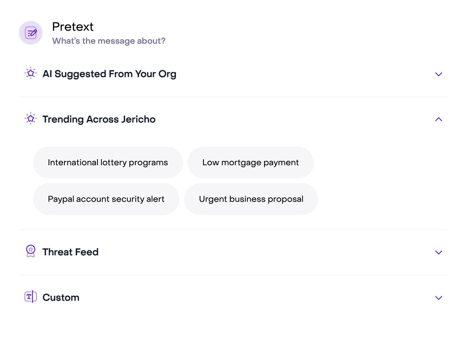 Screenshot of phishing simulation topics in Jericho's Cybersecurity Dashboard